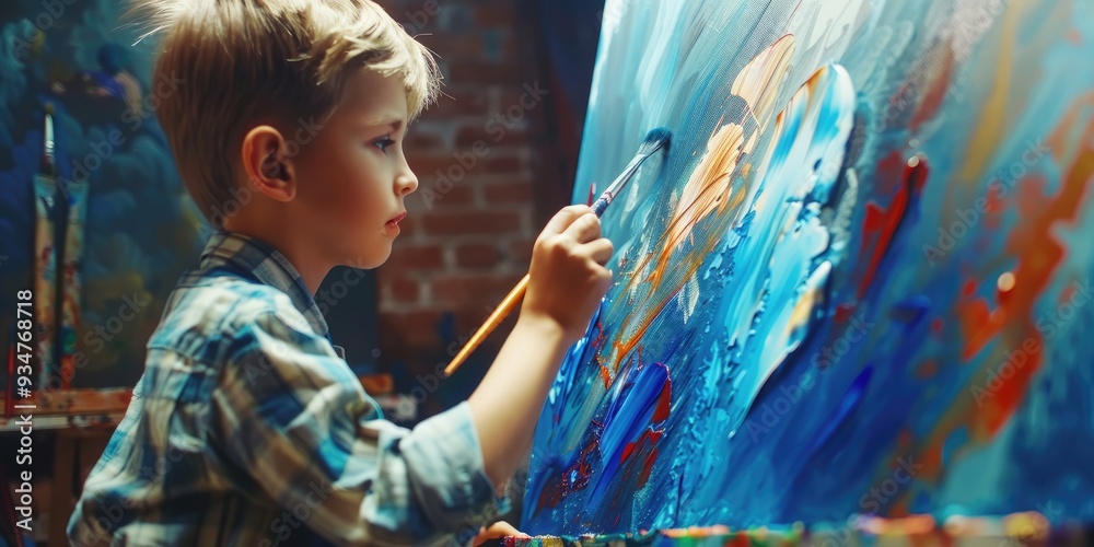 Obraz premium Adorable young boy with fair skin creating artwork on a canvas using a brush during an art class or creative session.