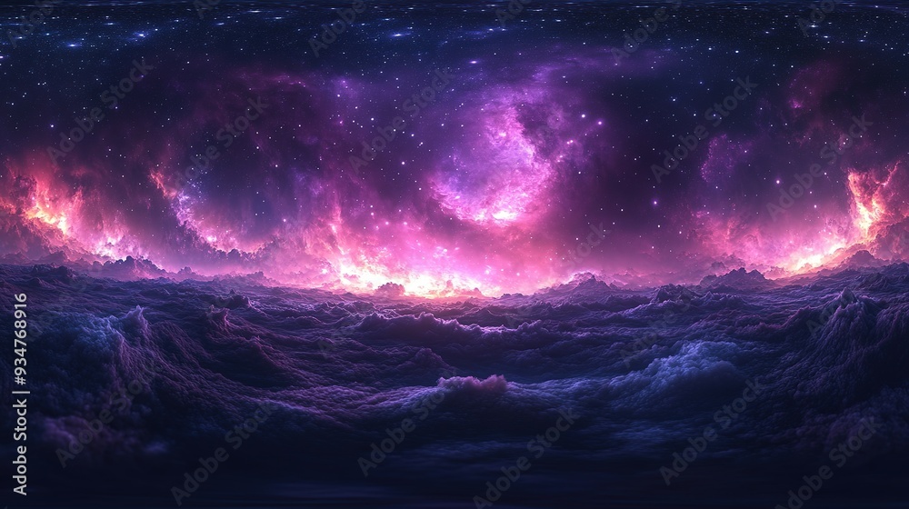 Stellar Panorama: Hyper-Realistic 360-Degree Nebula View with Purple and Pink Hues, Stars, and Gas Clouds in a Dark Space Stellar Panorama: Hyper-Realistic 360-Degree Nebula View with Purple and Pink Hues, Stars, and Gas Clouds in a Dark Space