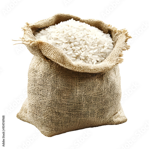 Burlap Sack Filled with Raw Uncooked Rice Grains on White Background