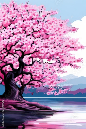 the AI Image Generator, beautiful simple stylized iconographic cherry blossom tree, completely