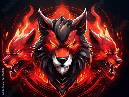 three heads of red wolf in creativity style illustration 