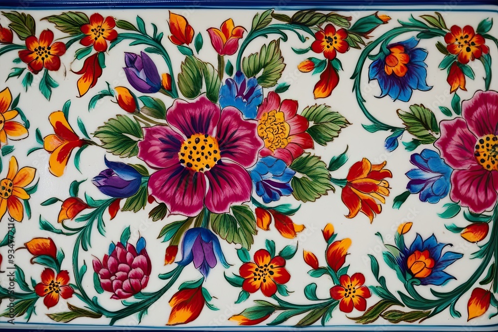 Fototapeta premium Vibrant Handpainted Floral Designs in Traditional Norwegian Rosemaling Art