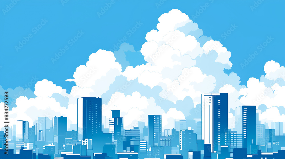 Naklejka premium 都会のビル群と入道雲のイラスト