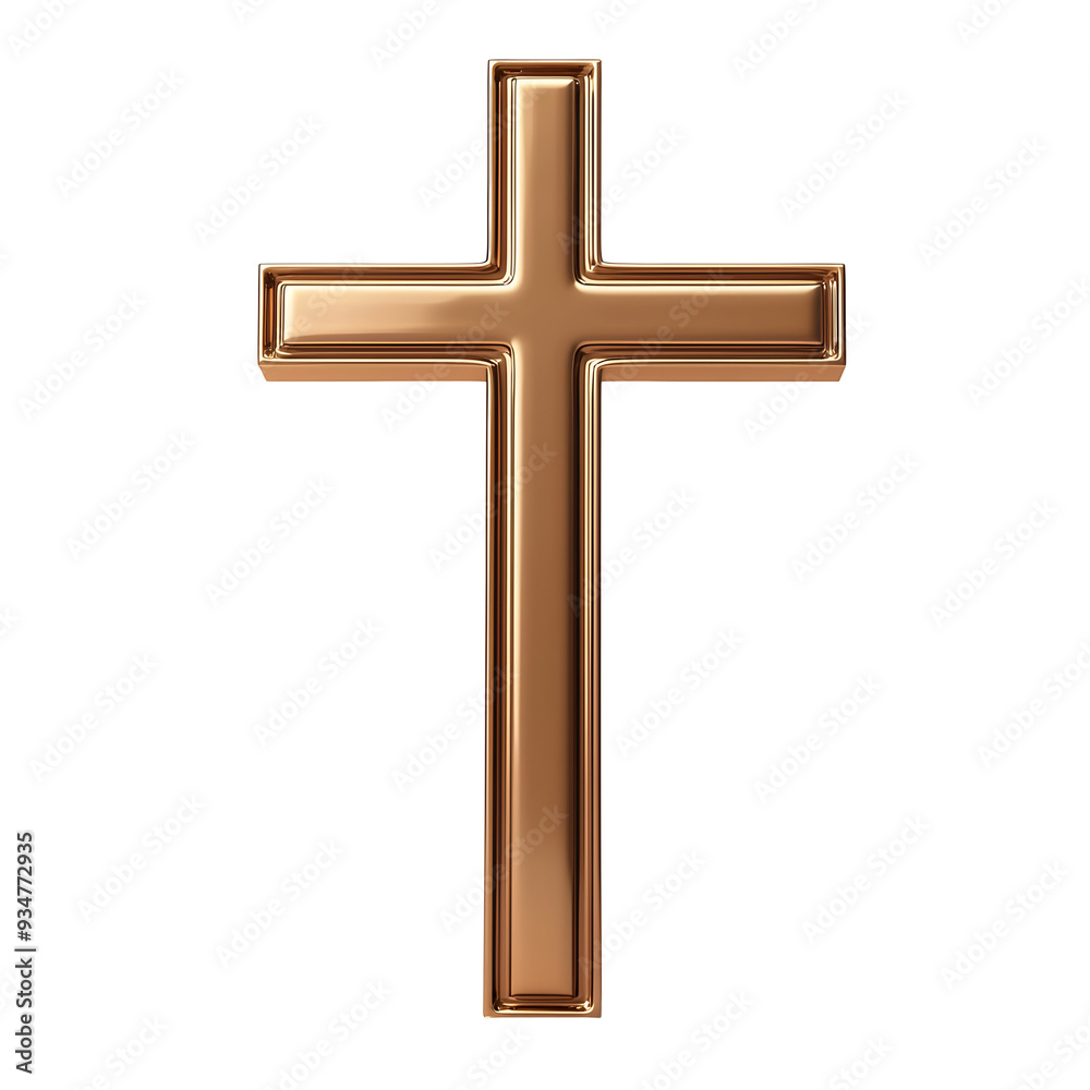 Metallic Bronze Christian Cross Symbol on White Background