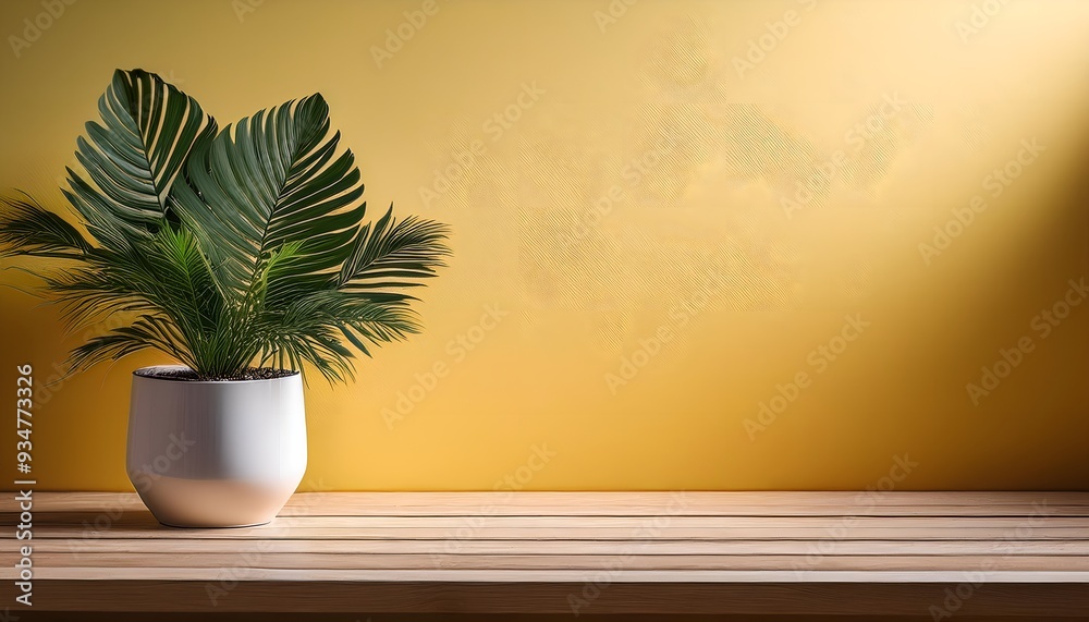 White potted plant site on wooden table on soft yellow background White potted plant site on wooden table on soft yellow background