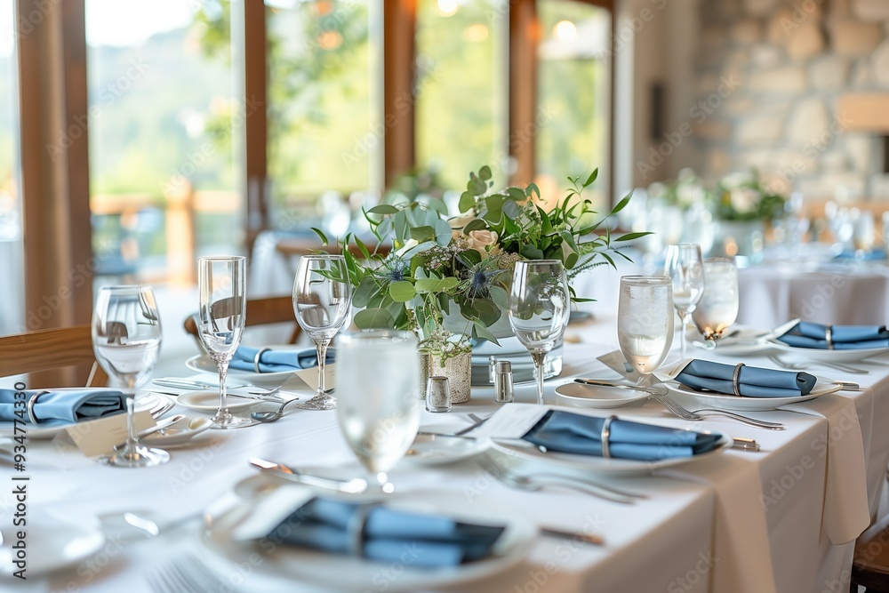 Beautifully Set Dining Table Ready for an Elegant Dinner Event at a Riverside Venue in Spring Beautifully Set Dining Table Ready for an Elegant Dinner Event at a Riverside Venue in Spring