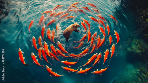 The aerial view of a large school of red sockeye salmon in a big circle with a brown bear chasing them in the middle 