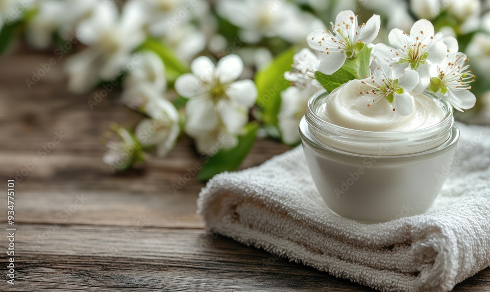 Cream jar with white flowers on wooden background Cream jar with white flowers on wooden background