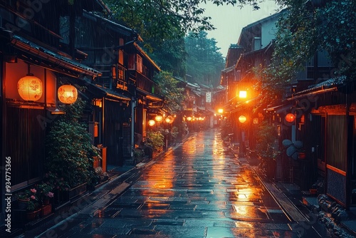 Rainy night in traditional Japanese town with illuminated lanterns and shops