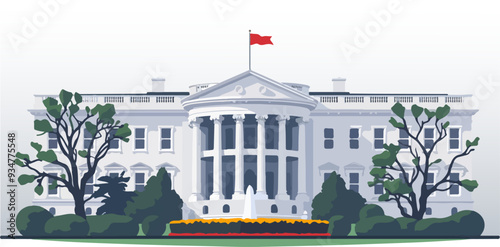 Illustration of a grand government building with a flag, surrounded by trees and a well-maintained garden