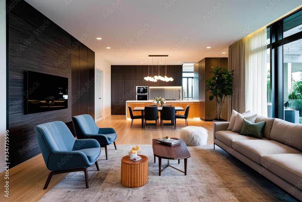 Fototapeta premium Stylish Open Concept Modern Living Room with Trendy Diagonal View and Chic Armchair
