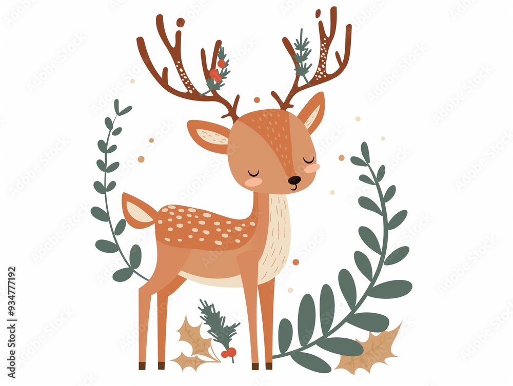 Fototapeta premium Christmas happy deer simple illustration for kids isolated on white. AI generated