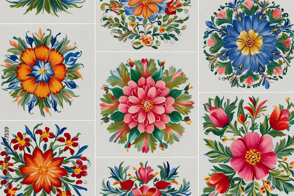 Fototapeta premium Stunning Scandinavian Rosemaling Art with Detailed Floral Designs and Vibrant Colors