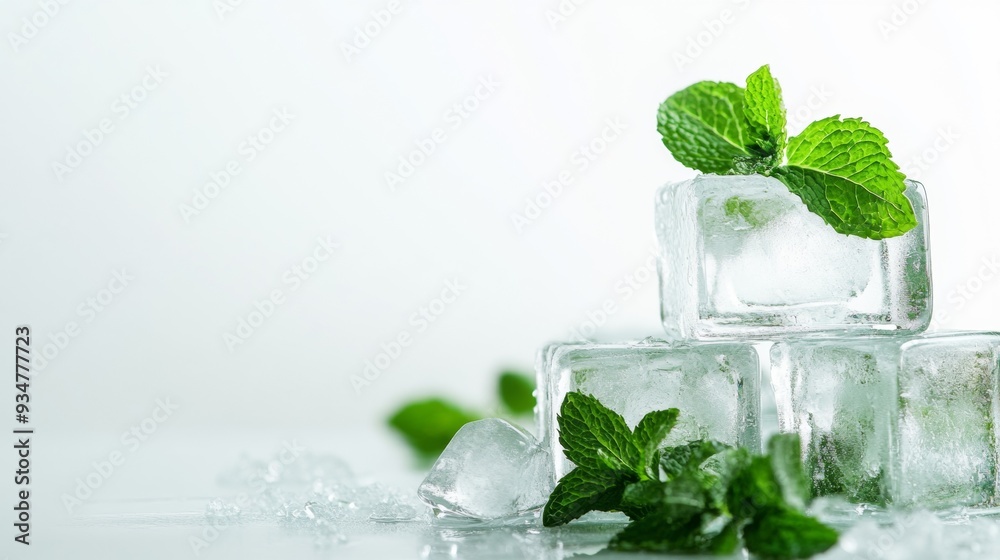 Ice Cubes and Fresh Mint Leaves Up Close Ice Cubes and Fresh Mint Leaves Up Close