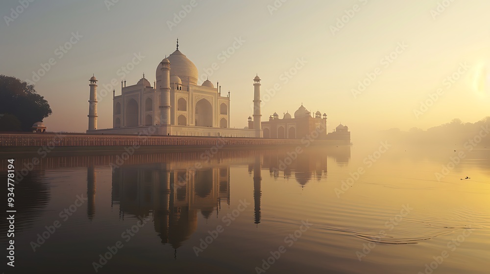 Naklejka premium Taj Mahal in India bathed in the soft light of sunrise, creating a serene and picturesque scene. The ivory white marble monument is reflected in the calm waters of the Yamuna River.