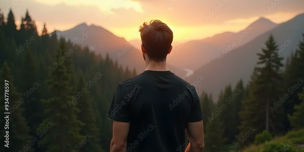 black t-shirt mockup, person in the mountains black t-shirt mockup, person in the mountains