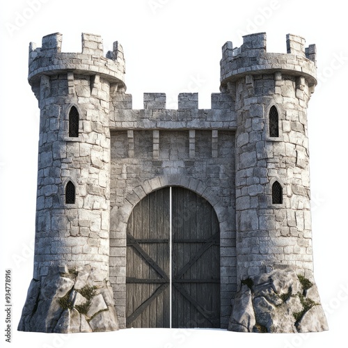 3D Render of a castle gate with battlements and arrow slits, flanked by stone guard towers, on isolated white background