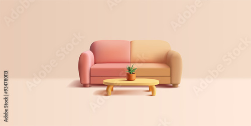 Modern soft sofa, coffee table, 3D. Banner for home, rest, comfort, business concepts. Sale and delivery of home furniture. Vector