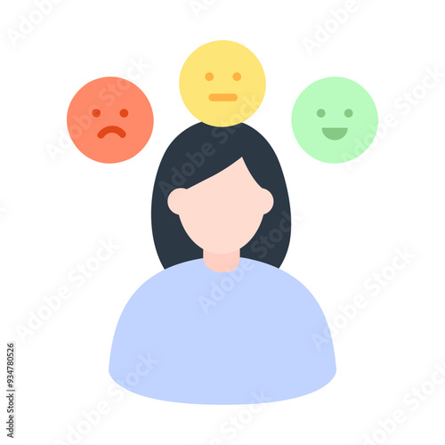 Woman with feeling and emotion expression face bubbles. Mental health, healthcare, psychological problem, communication concept. Flat vector character design isolated illustration.