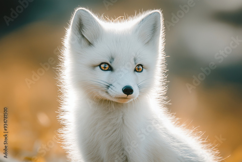 A close-up photo of a white arctic fox. It has a fluffy coat and bright yellow eyes