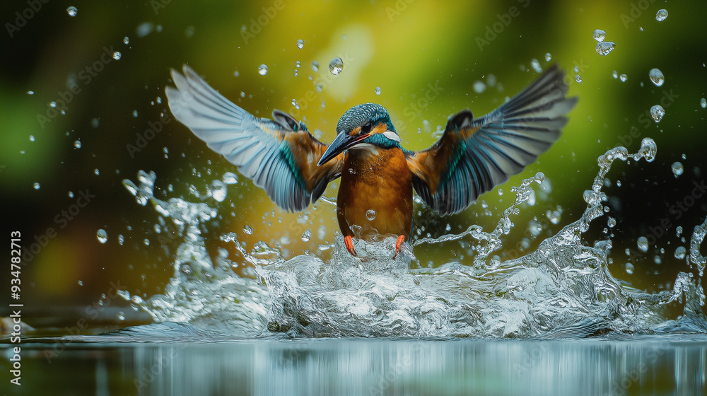 Naklejka premium A kingfisher with a fish in its beak is flying into a body of water, causing a splash