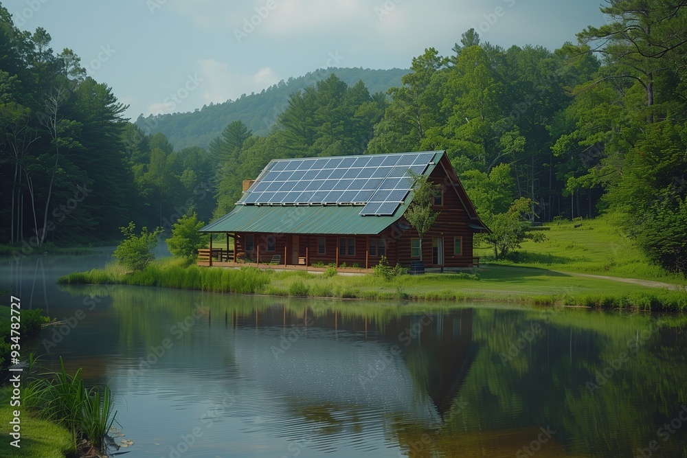 Eco-Friendly Cabin by Serene Lake Surrounded by Lush Green Forest in Daylight Eco-Friendly Cabin by Serene Lake Surrounded by Lush Green Forest in Daylight