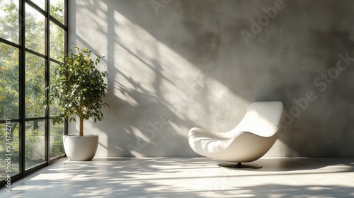 Modern lounge area with a chair and indoor plant by a large window.