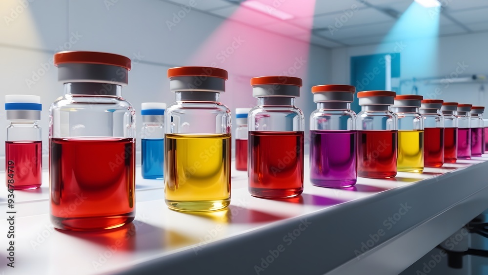 A Row of Colorful Glass Vials in a Laboratory A Row of Colorful Glass Vials in a Laboratory