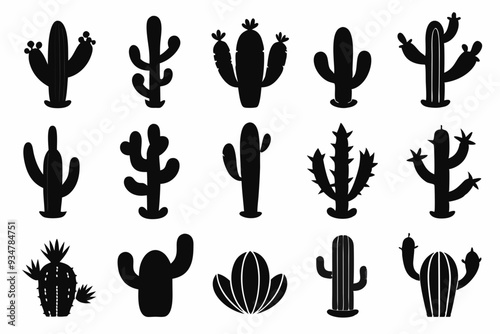 Cactus icon collection. Set of black cactus silhouette. silhouettes of different cactus icons