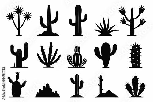 Cactus icon collection. Set of black cactus silhouette. silhouettes of different cactus icons