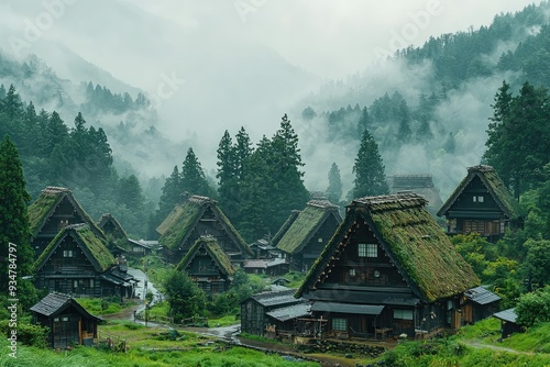 Traditional Japanese village in misty mountain landscape