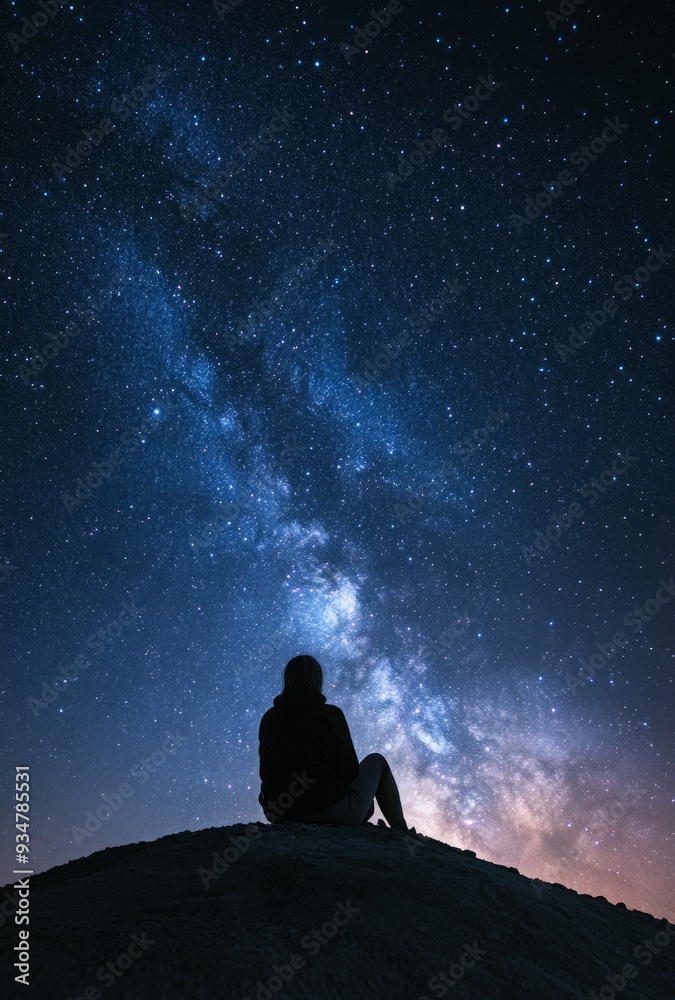 A person sitting on a hill, gazing at the stars in a clear night sky, feeling a deep sense of wonder and tranquility A person sitting on a hill, gazing at the stars in a clear night sky, feeling a deep sense of wonder and tranquility