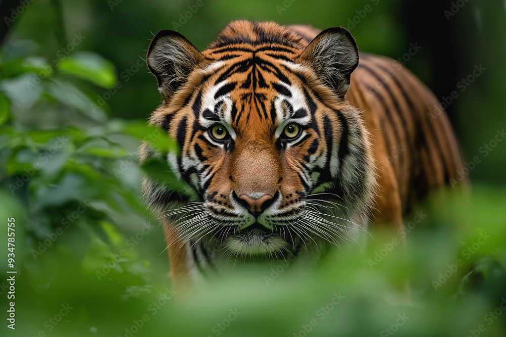 Close-up of a tiger's face in a forest. It has a striking orange and black pattern Close-up of a tiger's face in a forest. It has a striking orange and black pattern
