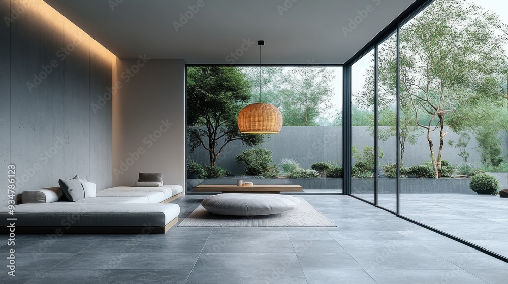 Fototapeta premium Modern minimalist living space with large windows and natural light.
