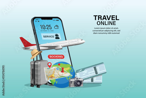 Online travel on smartphone . Book a ticket. Trip planning. Travel to World. travel equipment and luggage. Top view on travel and tourism concept