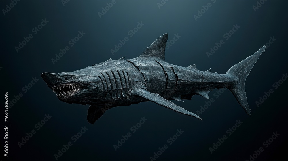 A realistic depiction of a fearsome shark gliding through dark underwater depths, showcasing its power and predatory nature. A realistic depiction of a fearsome shark gliding through dark underwater depths, showcasing its power and predatory nature.