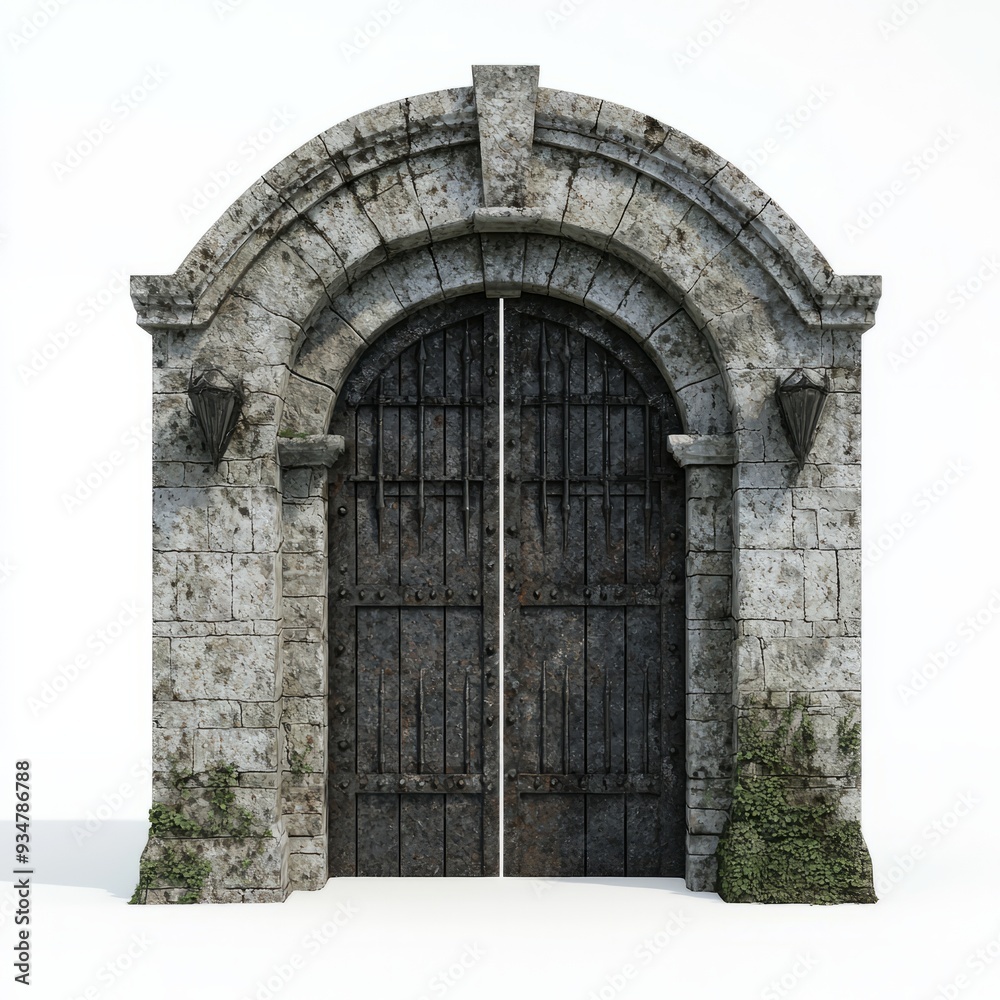 3D Render of a medieval gate with large stone arches and a spiked metal grate, on isolated white background 3D Render of a medieval gate with large stone arches and a spiked metal grate, on isolated white background