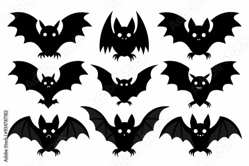 Halloween bat set. Black silhouette Halloween bat vector illustration, set of halloween bats	
