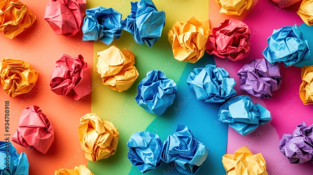 Colorful Crumpled Paper Balls on Rainbow Background Colorful Crumpled Paper Balls on Rainbow Background