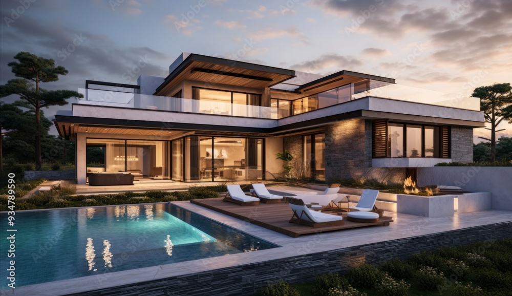 Obraz premium Twilight Reflections A Poolside Villa Bathed in Bronze and Indigo Hues