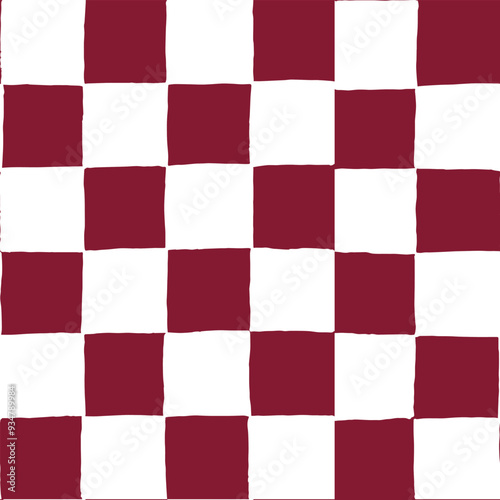 Seamless repeating pattern with hand drawn checkerboard in burgundy red and white. Christmas red checker, old money quiet luxury background.