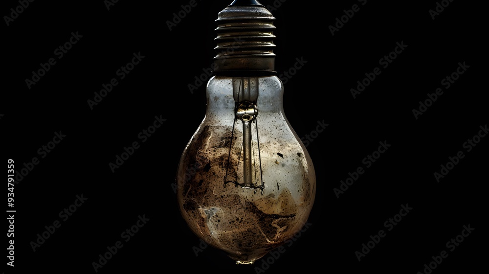 Old, dirty light bulb close up on black background.