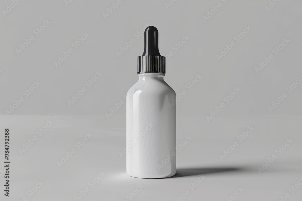 White Dropper Bottle with Black Cap on Gray Background White Dropper Bottle with Black Cap on Gray Background