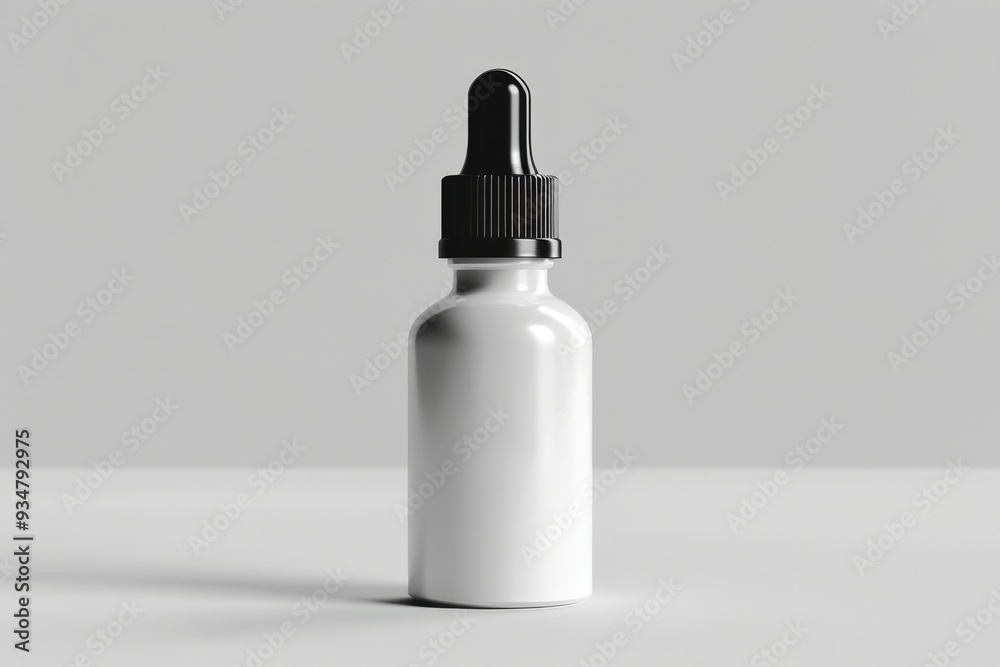 White Dropper Bottle with Black Cap on a Gray Surface White Dropper Bottle with Black Cap on a Gray Surface