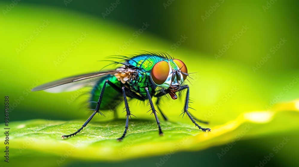 Close-Up of a Vibrant Green Fly on a Leaf Close-Up of a Vibrant Green Fly on a Leaf