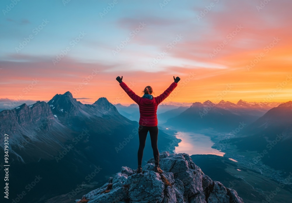 A person celebrating with their arms raised in triumph at the top of a mountain, with a breathtaking view behind them A person celebrating with their arms raised in triumph at the top of a mountain, with a breathtaking view behind them