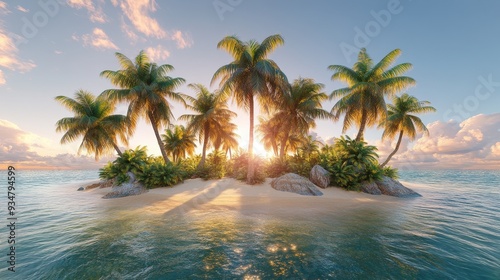 Tropical Paradise: 3D Island with AI-Generated Swaying 2D Palm Trees