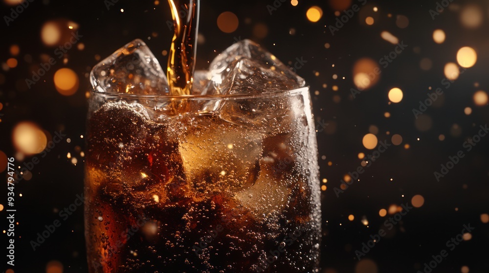 Close-up of a glass of cola with ice cubes, pouring into a glass with a dark blurred background Close-up of a glass of cola with ice cubes, pouring into a glass with a dark blurred background