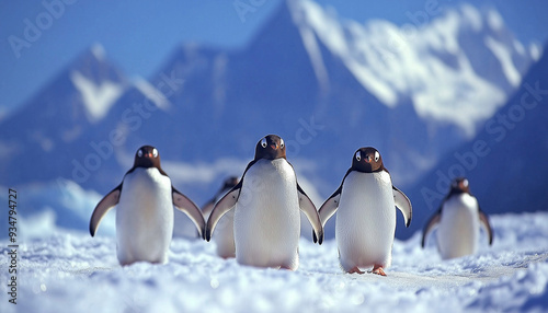 Group of penguins walking on snow, with mountains in the background