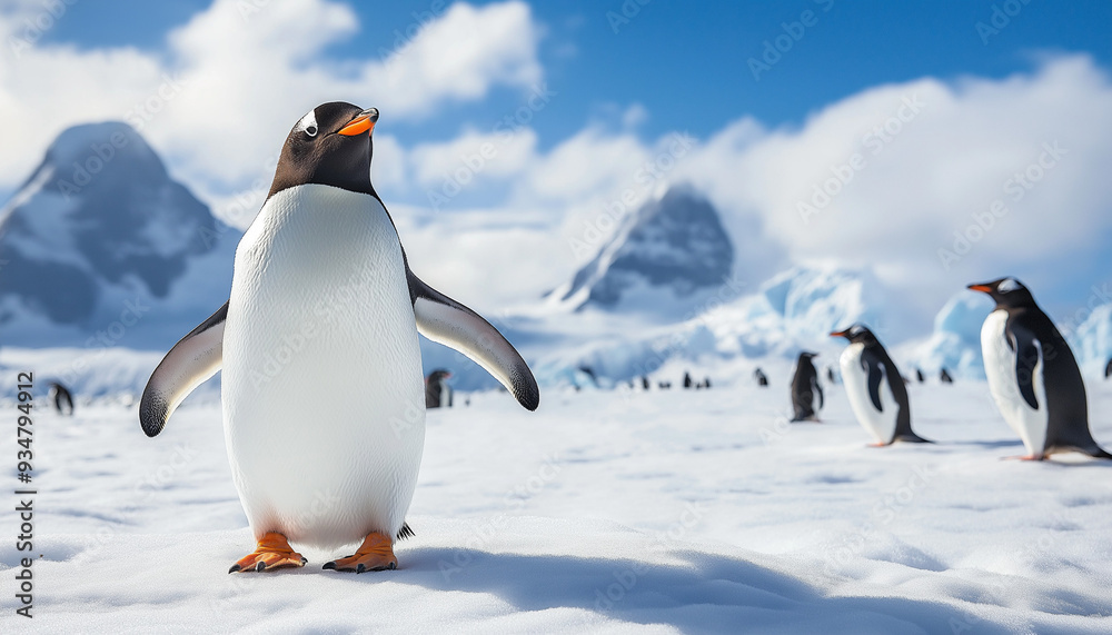 Fototapeta premium Group of penguins on a snowy, icy landscape with mountains in the background